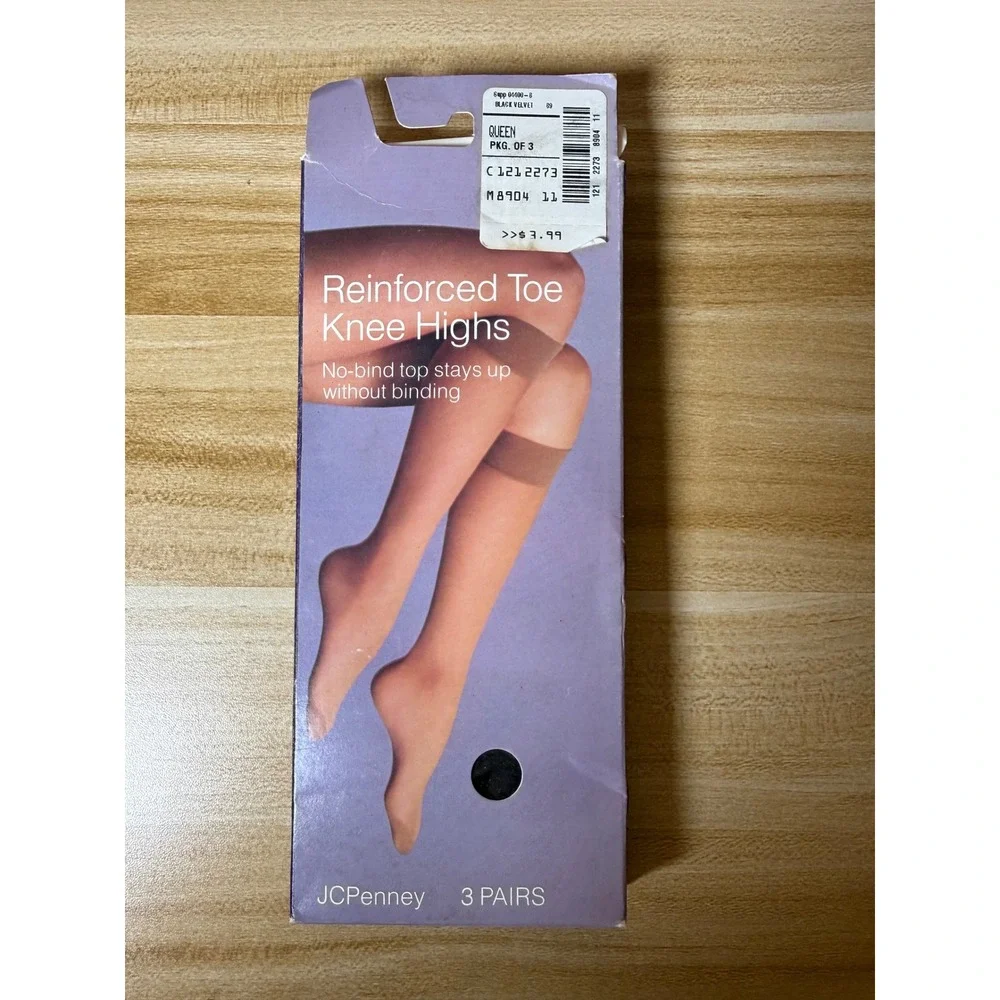 Vintage‎ JCPenney Queen Black Reinforced Toe Knee Highs 3 Pairs NEW